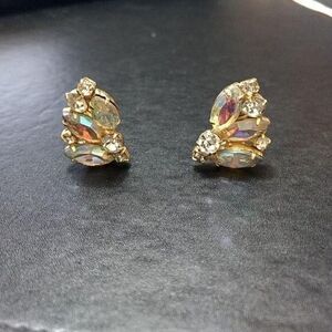 *Sale* Vintage Aurora Borealis Rhinestone Clip On Earrings Gold Tone